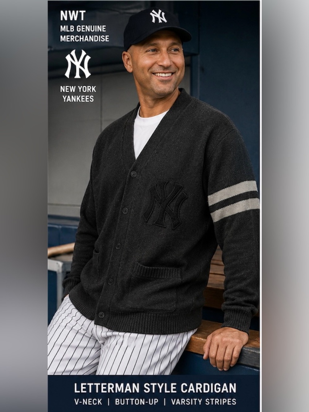 NWT Genuine MLB NY Yankees Merchandise Black Cardigan Sweater  Chenille Patch XL